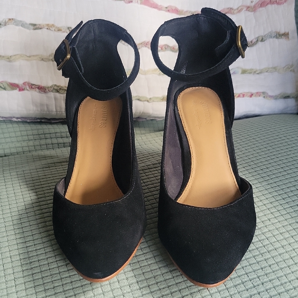 Soludos Black Suede Ankle-Strap Pumps